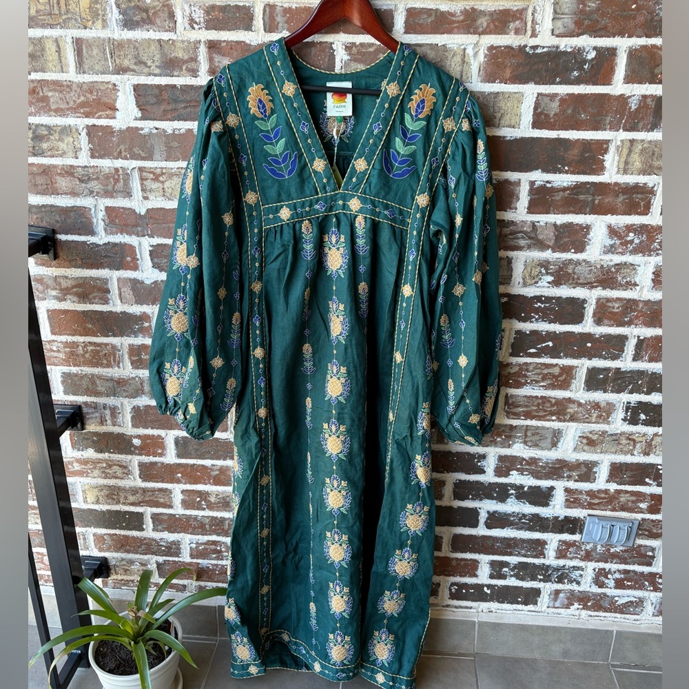 FARM Rio Pineapple Embroidered Green Linen Tunic Maxi Dress Size Large NWT - Picture 12 of 16